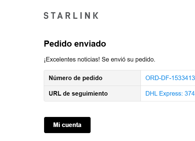 Correo de confirmación de envío del kit Starlink con número de pedido - MiStarlink
